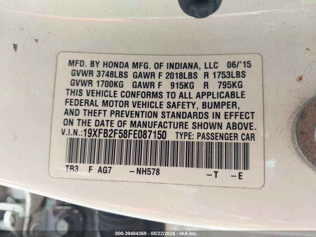 Honda Civic Lx 2015 19XFB2F58FE087150 Image 9