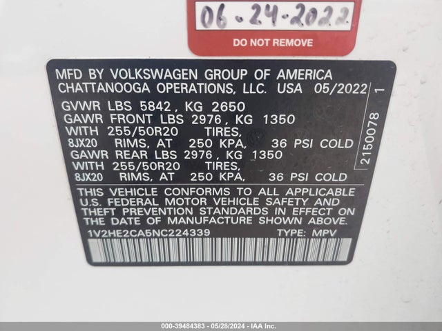 1V2HE2CA5NC224339 Volkswagen Atlas Cross Sport 3.6l V6 Se W/technology