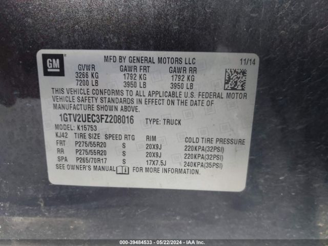 1GTV2UEC3FZ208016 GMC Sierra 1500 Sle