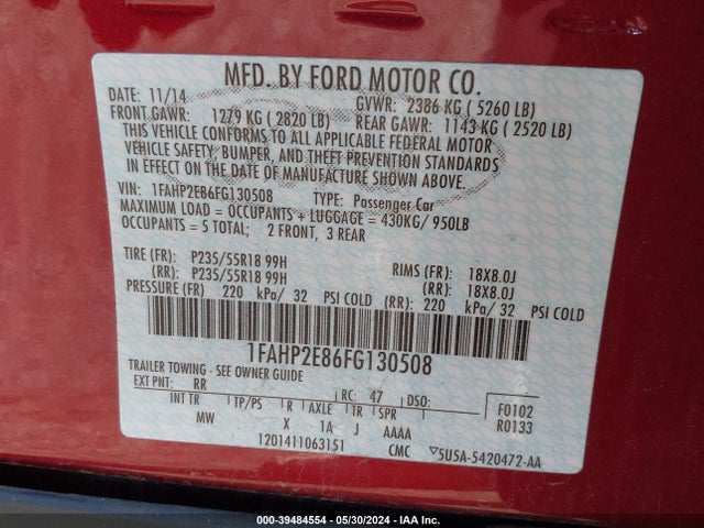 Ford TAURUS SEL 2015 1FAHP2E86FG130508 Image 9