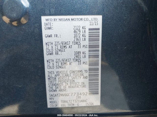 5N1AT2MV6GC773492 Nissan ROGUE SV