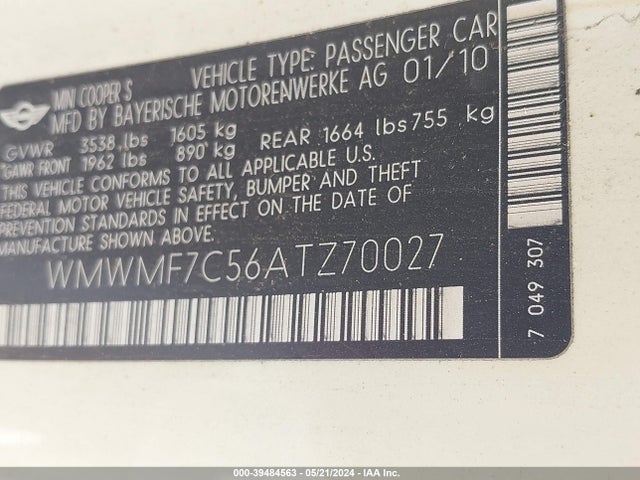 2010 MINI COOPER S WMWMF7C56ATZ70027 Photo 8