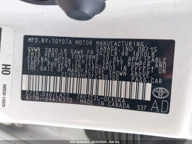 2T1BURHE0FC460100 Toyota Corolla S Premium