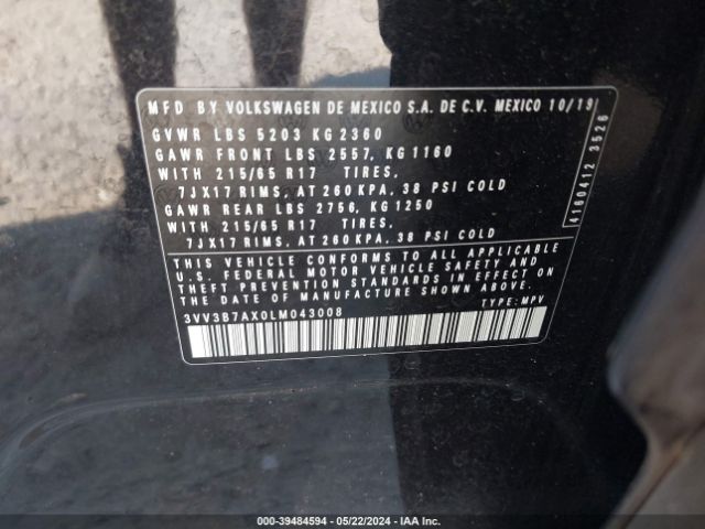 3VV3B7AX0LM043008 Volkswagen Tiguan 2.0t Se/2.0t Se R-line Black/2.0t Sel