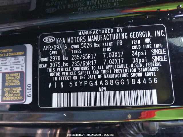 5XYPG4A38GG184456 KIA Sorento 2.4l L
