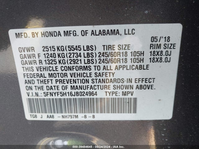 Honda PILOT LX 2018 5FNYF5H16JB024964 Image 9