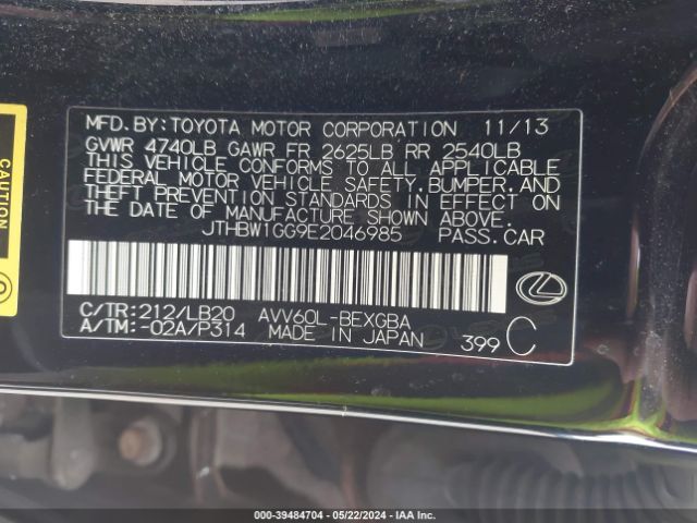 JTHBW1GG9E2046985 Lexus ES 300H