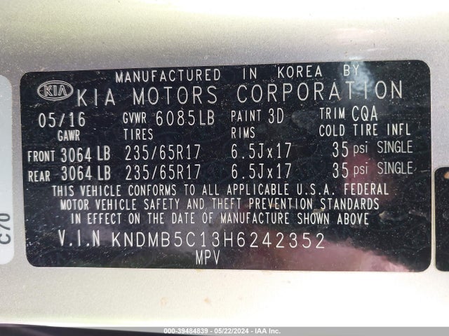 KIA SEDONA LX 2017 KNDMB5C13H6242352 Image 9