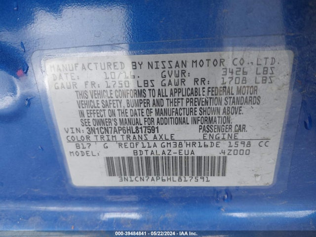 Nissan Versa 1.6 S+ 2017 3N1CN7AP6HL817591 Image 9