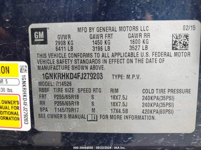 Chevrolet Traverse 2lt 2015 1GNKRHKD4FJ279203 Image 9