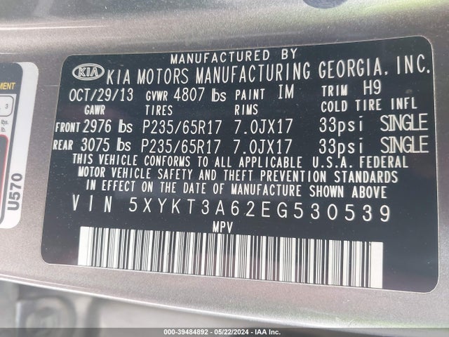 KIA SORENTO LX 2014 5XYKT3A62EG530539 Image 9