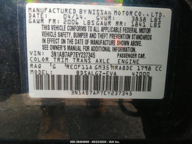 3N1AB7AP7EY237345 Nissan SENTRA SL