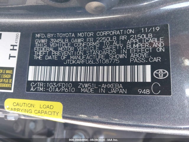 Toyota Prius Le 2020 JTDKARFU6L3108775 Image 9