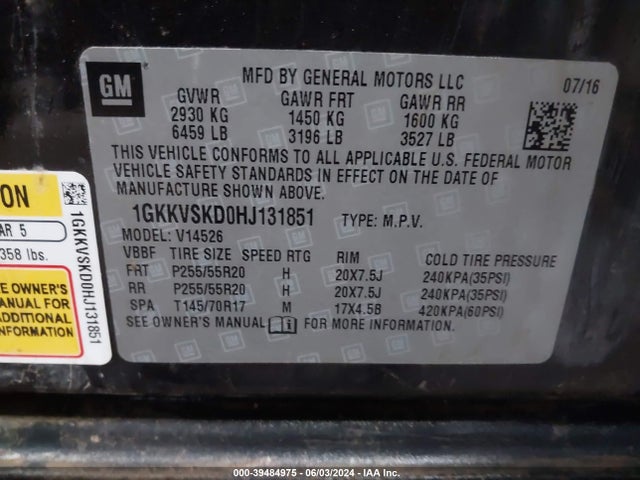1GKKVSKD0HJ131851 GMC Acadia Limited