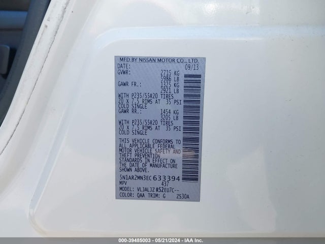 Nissan Pathfinder Platinum 2014 5N1AR2MN3EC633394 Image 9