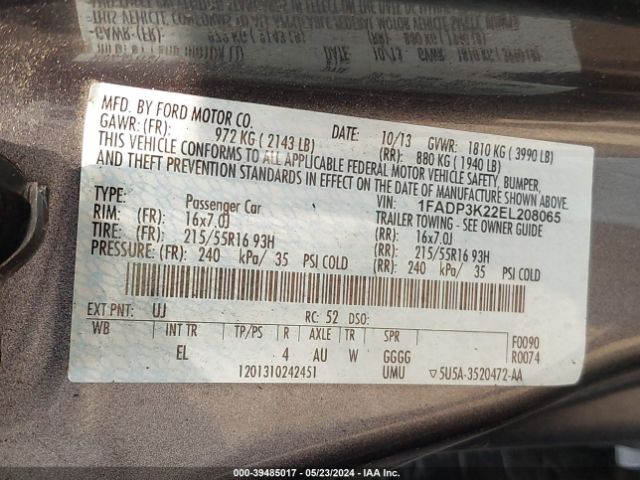 1FADP3K22EL208065 Ford FOCUS SE