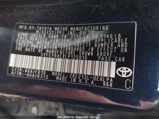 Toyota COROLLA LE 2020 5YFEPRAEXLP125016 Image 9