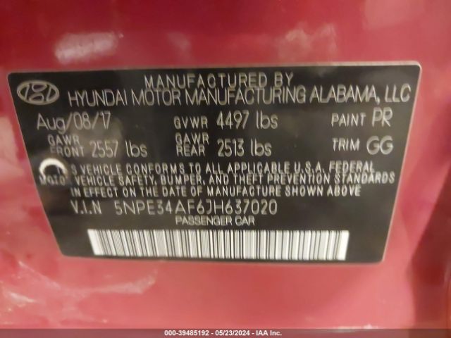5NPE34AF6JH637020 Hyundai SONATA SEL
