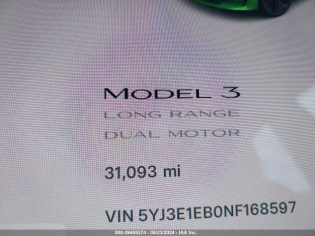 5YJ3E1EB0NF168597 Tesla Model 3 Long Range Dual Motor All-wheel Drive