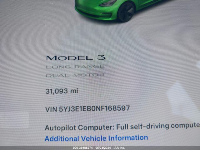 5YJ3E1EB0NF168597 Tesla Model 3 Long Range Dual Motor All-wheel Drive