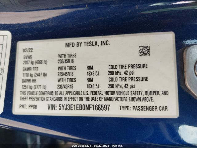 5YJ3E1EB0NF168597 Tesla Model 3 Long Range Dual Motor All-wheel Drive