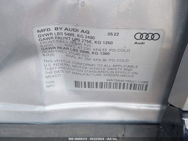 WA15AAFY6N2117089 Audi Q5 Sportback Premium Plus 45 Tfsi S Line Quattro S Tronic