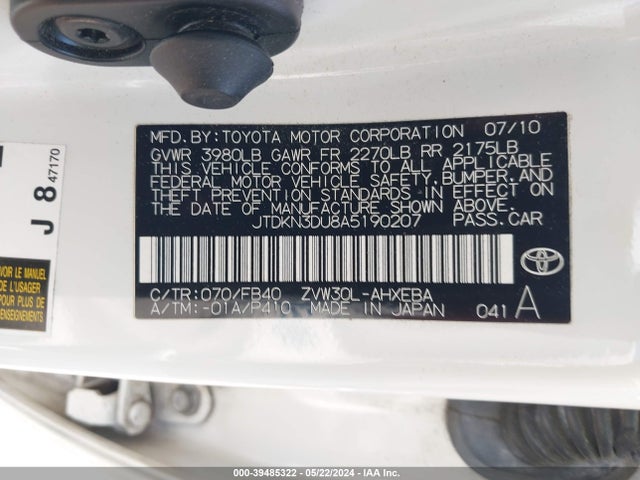 Aukcja sprzedaży 2010 Toyota Prius Iii, vin: JTDKN3DU8A5190207, numer aukcji: 39485322