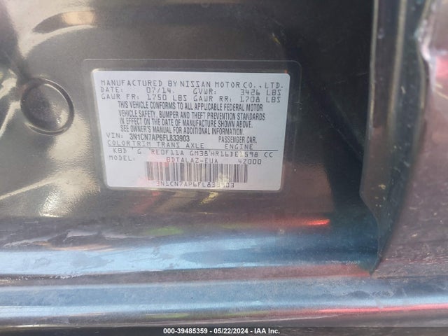 Nissan Versa 1.6 S+ 2015 3N1CN7AP6FL833903 Image 9
