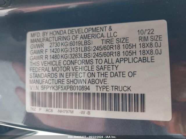 5FPYK3F5XPB010894 Honda Ridgeline Rtl