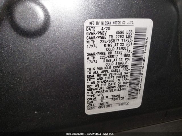 JN8AT2MT8LW043499 Nissan Rogue S Fwd