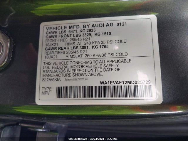 WA1EVAF12MD025729 Audi Q8 Premium Plus 55 Tfsi Quattro Tiptronic