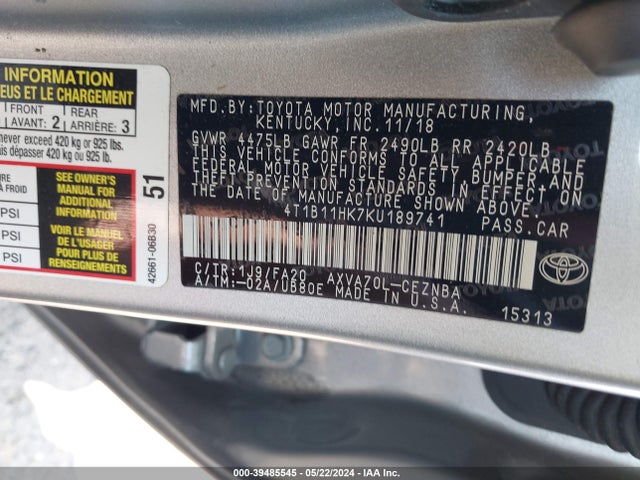 4T1B11HK7KU189741 Toyota CAMRY LE