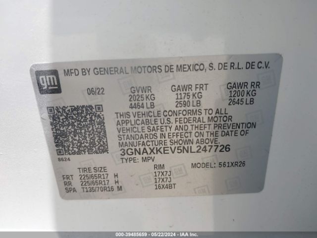 3GNAXKEV5NL247726 Chevrolet Equinox Fwd Lt