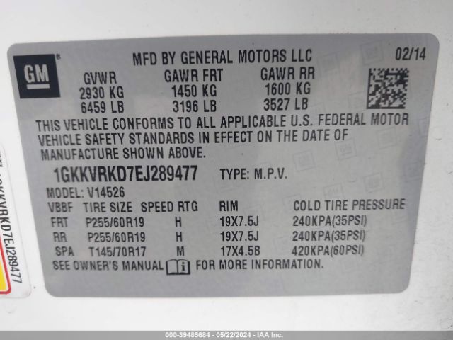 1GKKVRKD7EJ289477 GMC Acadia Slt-1