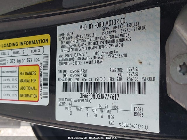 Ford FUSION SE 2018 3FA6P0HD3JR277617 Image 9