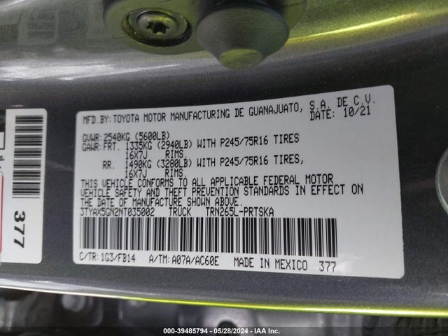 Toyota Tacoma Sr 2022 3TYAX5GN2NT035002 Image 9