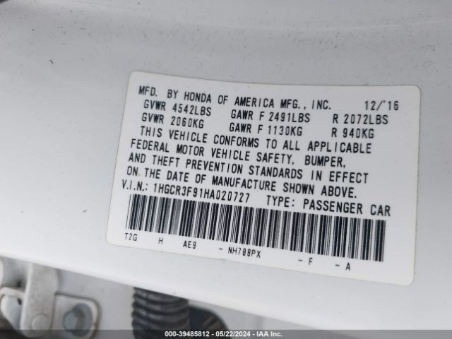 1HGCR3F91HA020727 Honda Accord Touring V6