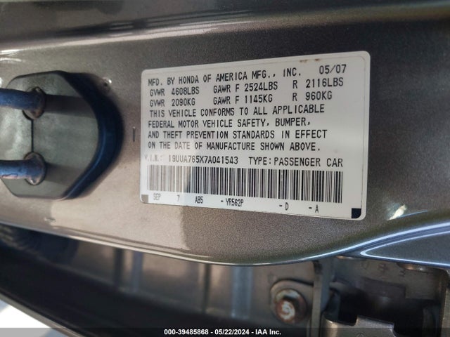 Aukcja sprzedaży 2007 Acura Tl Type S, vin: 19UUA765X7A041543, numer aukcji: 39485868