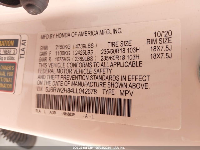 Honda Cr-v Awd Ex-l 2020 5J6RW2H84LL042678 Image 9