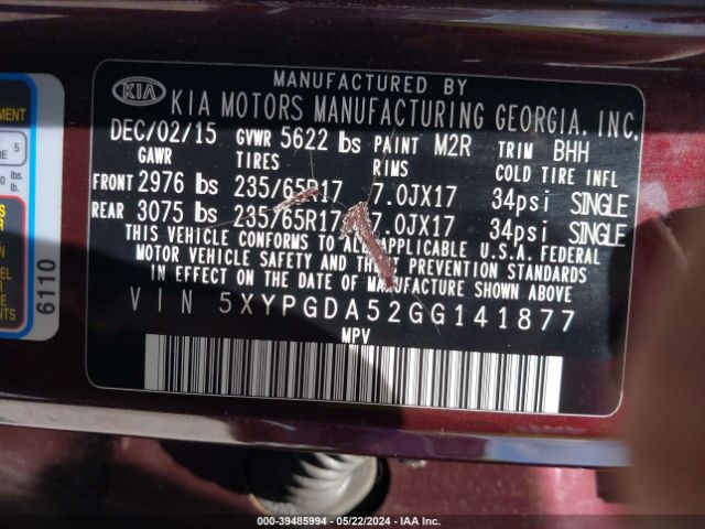 5XYPGDA52GG141877 KIA Sorento 3.3l Lx