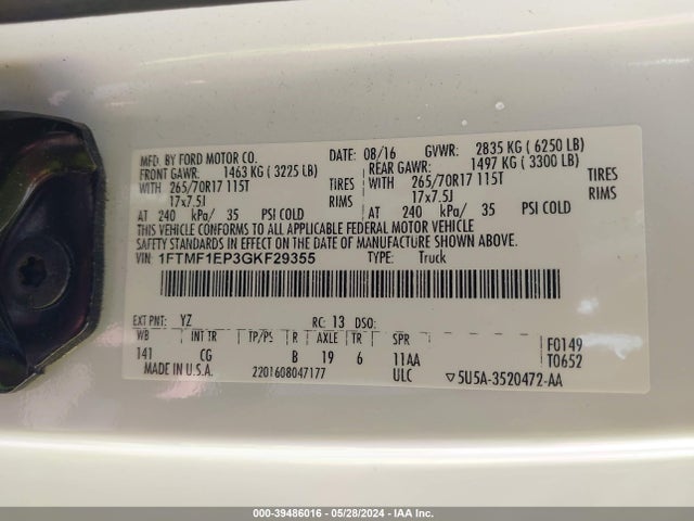 Ford F-150 Xl 2016 1FTMF1EP3GKF29355 Image 9