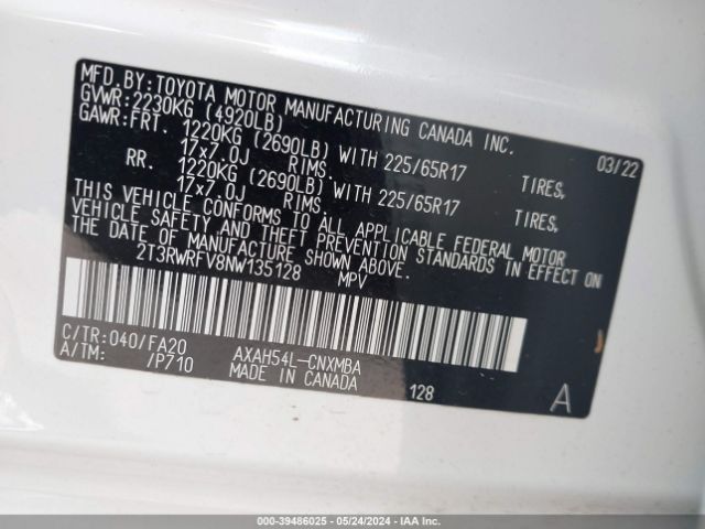 2T3RWRFV8NW135128 Toyota Rav4 Xle Hybrid
