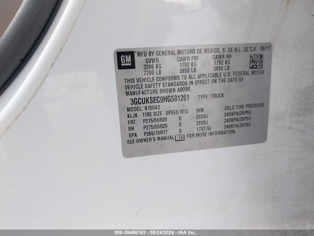 Chevrolet Silverado 1500 1lz 2017 3GCUKSEC9HG501261 Image 9