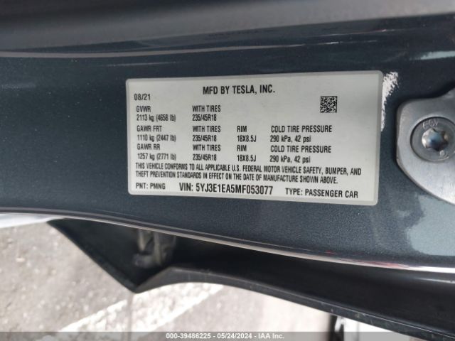 5YJ3E1EA5MF053077 Tesla Model 3 Standard Range Plus Rear-wheel Drive