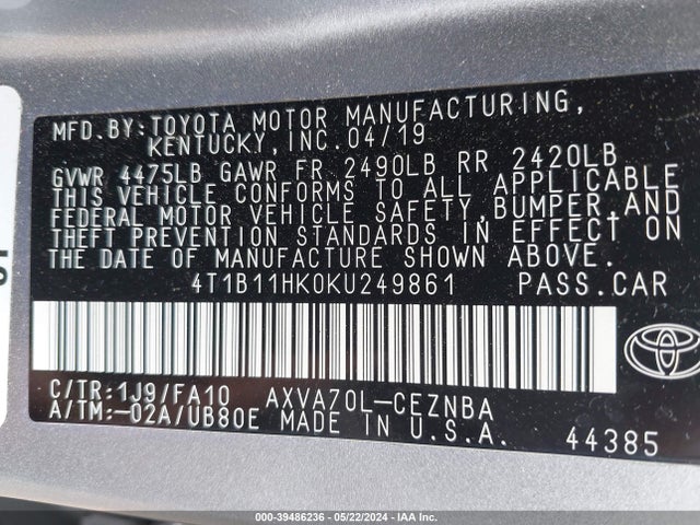 Toyota CAMRY LE 2019 4T1B11HK0KU249861 Image 9
