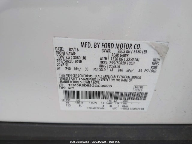 Ford EXPLORER XLT 2016 1FM5K8D85GGC39586 Image 9