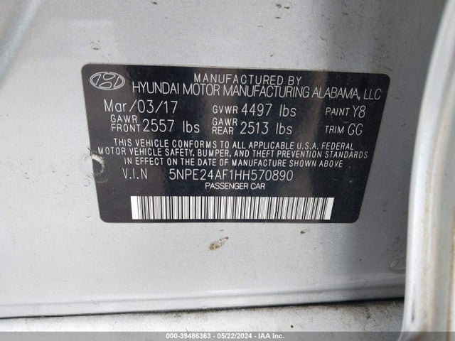 Hyundai Sonata 2017 5NPE24AF1HH570890 Image 9