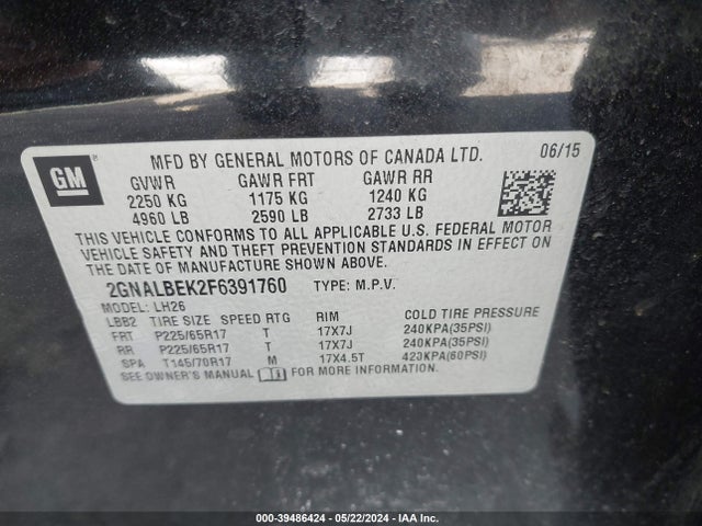 Chevrolet EQUINOX 1LT 2015 2GNALBEK2F6391760 Image 9