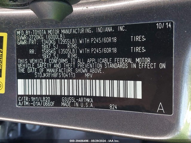 Toyota Highlander Xle V6 2015 5TDJKRFH8FS104113 Image 9