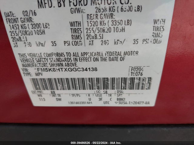 Ford Explorer Platinum 2016 1FM5K8HTXGGC34138 Image 9